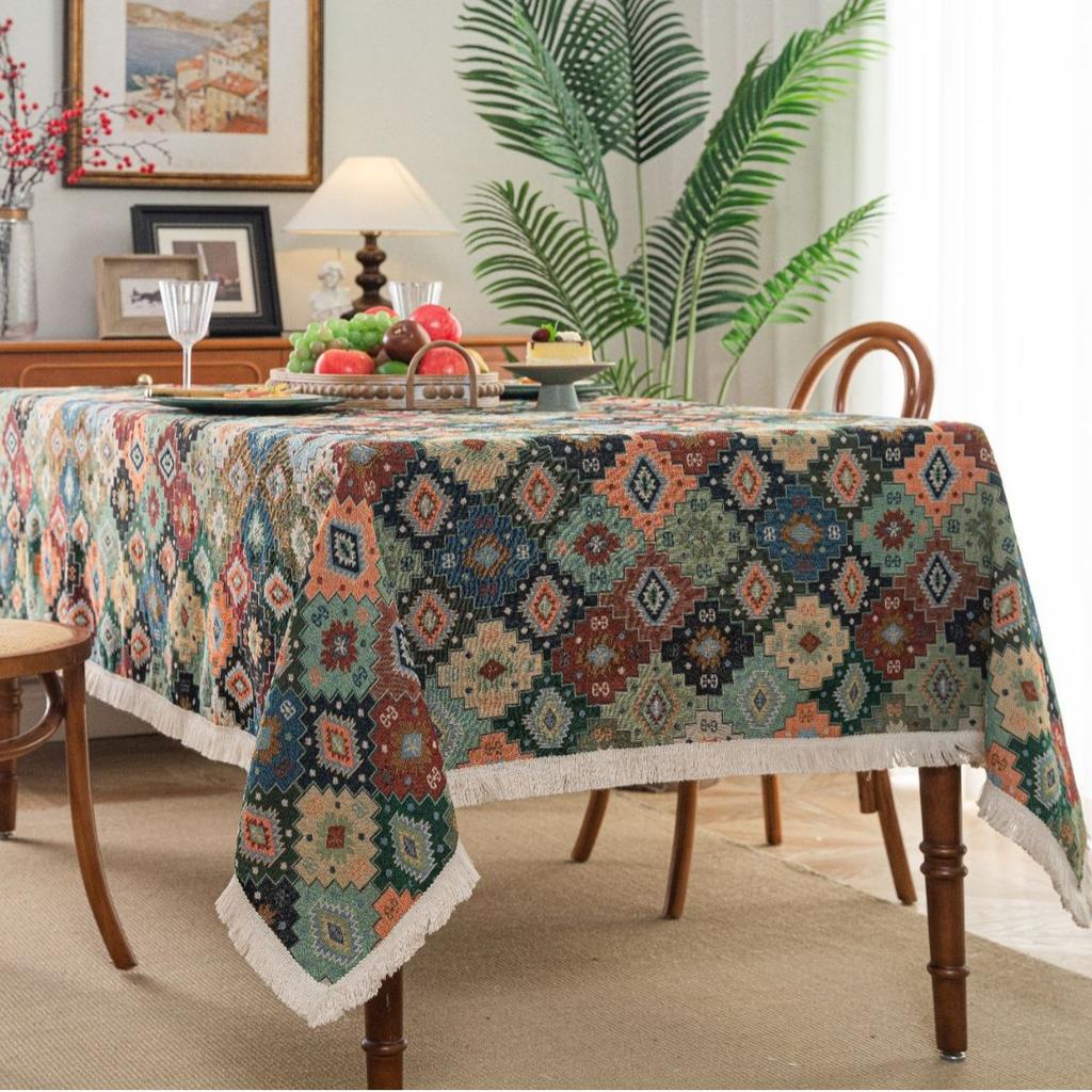 Kitchen Dinning Wrinkle Free Soft Fabric Rectangle Table Cloths with Tassels