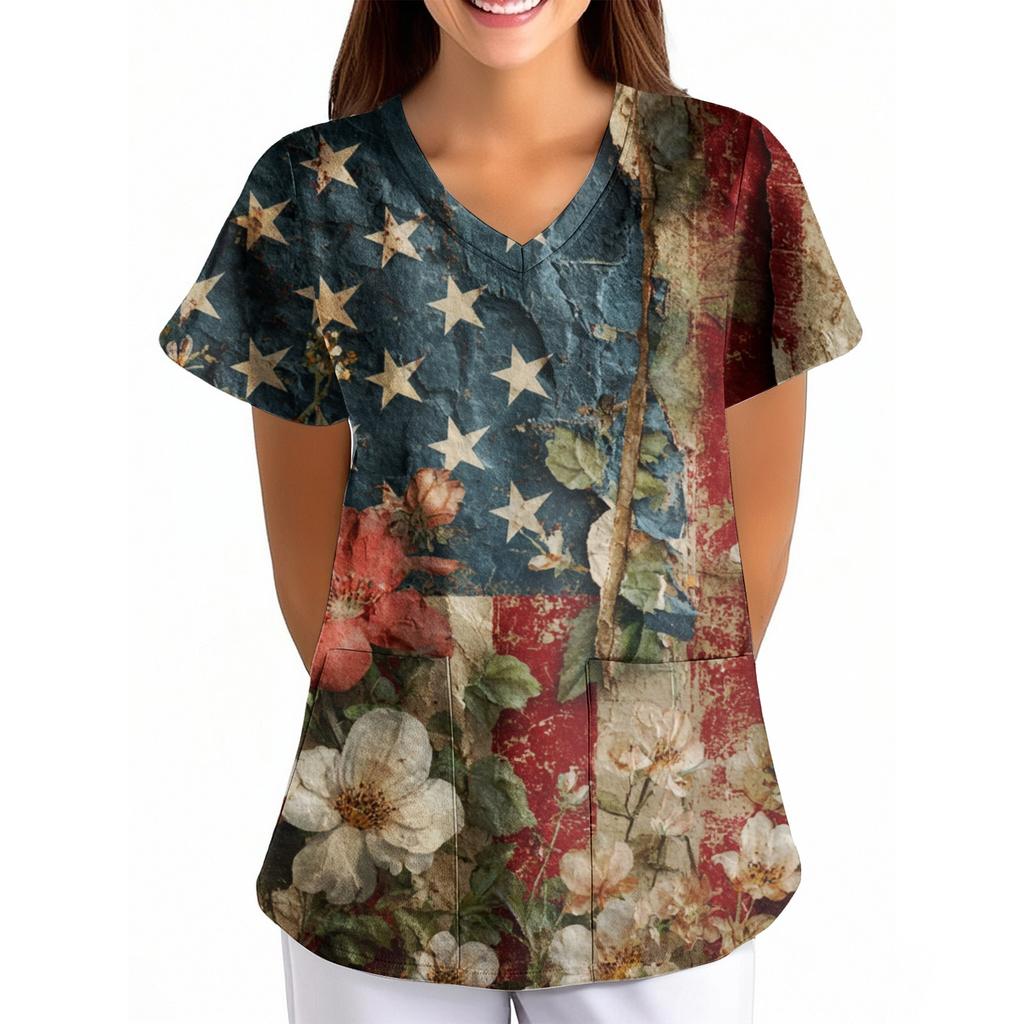 Women's Independence Day Printed Loose V-Neck Pocket Short-Sleeve Caregiver/Uniform