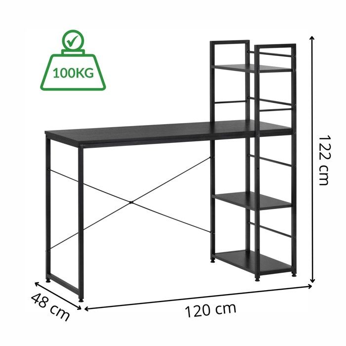 Bureau d'ordinateur - SPRINGOS - 120x48x122 cm - Métal noir - Étagères intégrées - Style industriel