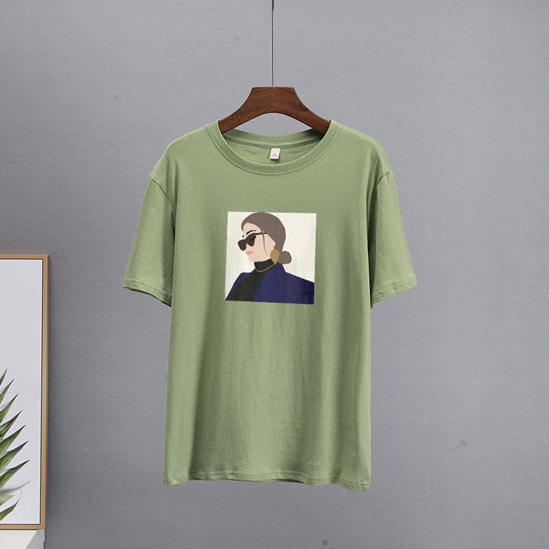 Hirsionsan Elegant Character Printed T Shirt Women Summer Chic Casual Tees Cotton Jumper Clothes Oversized Pullover Female Tops
