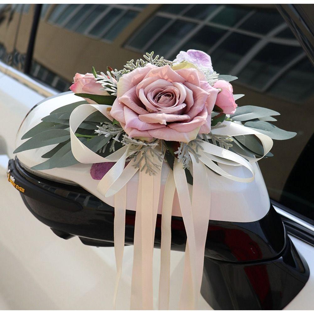 Romantic Wedding Car Floral Ribbon Bridal Wedding Bow Decoration Flower Car Door Handle Mirror Flowers Ceremony Party Decor