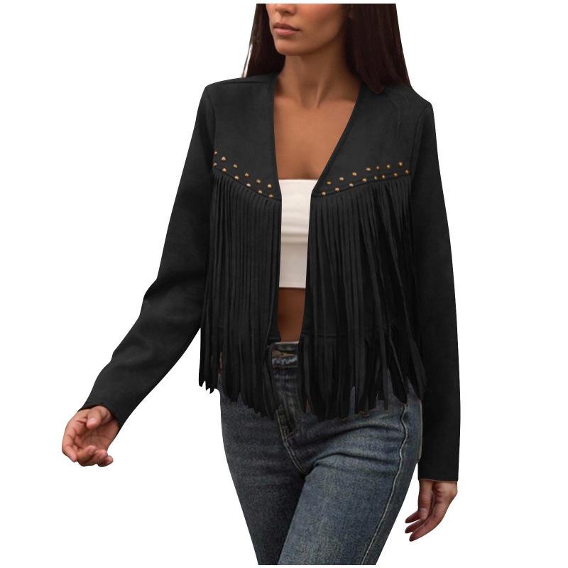 

2026 Retro Ethnic Tassel Women s Cardigan Jacket - Stylish European & American E-commerce Fashion S чорний