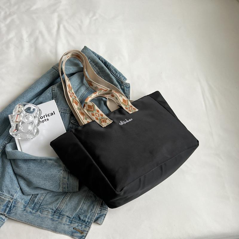 Nylon Tote Bag For Women With Fashionable Wide Shoulder Strap Chic Color Options Black