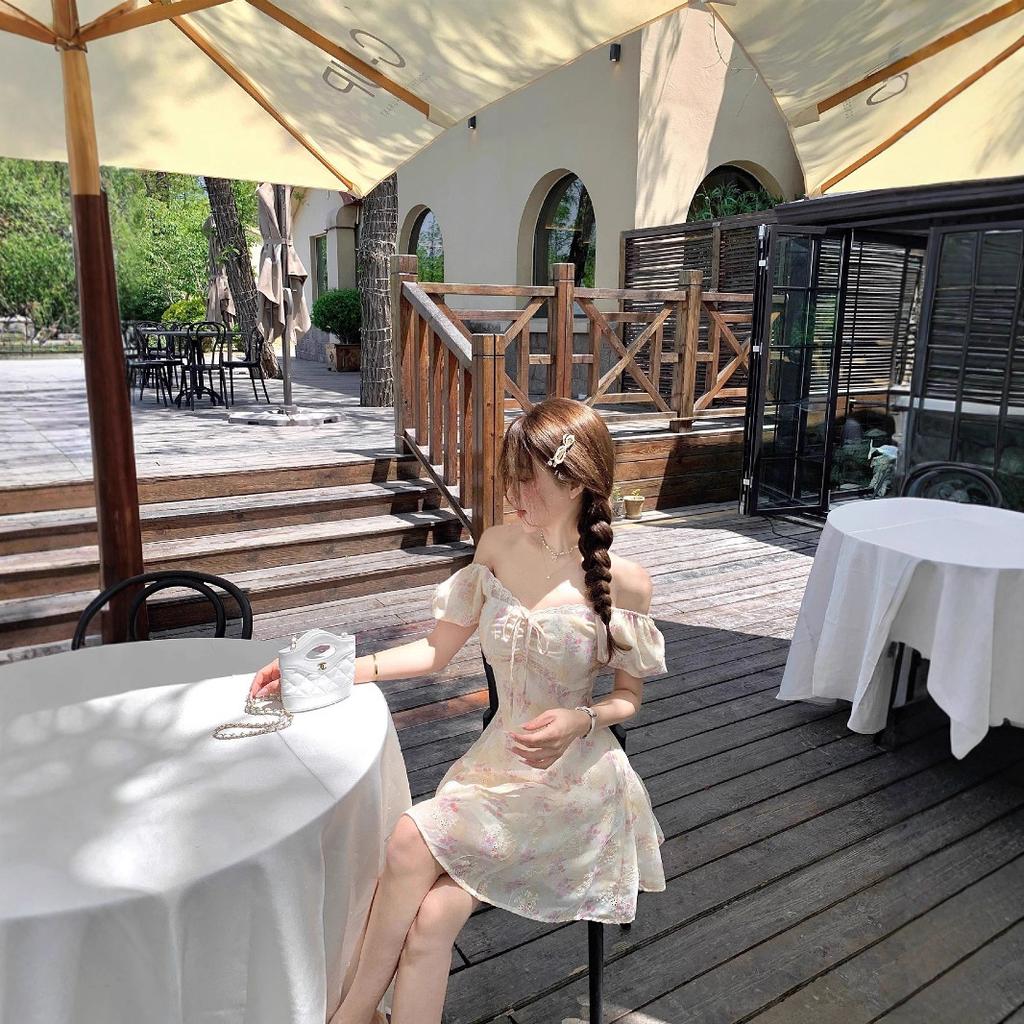 2026 new bubble sleeves one-word shoulder French floral short-sleeved dress women's small summer beautiful small skirt