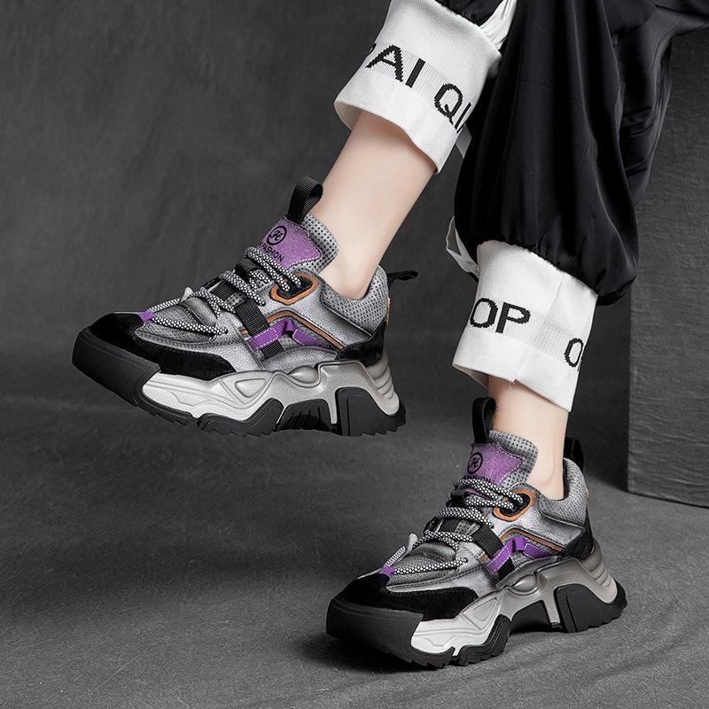 Fashion GKTINOO Women Genuine Leather Platform Sneakers Mixed Colors Round Toe Lace-Up Thick Sole Flats Ladies Shoes Handmade