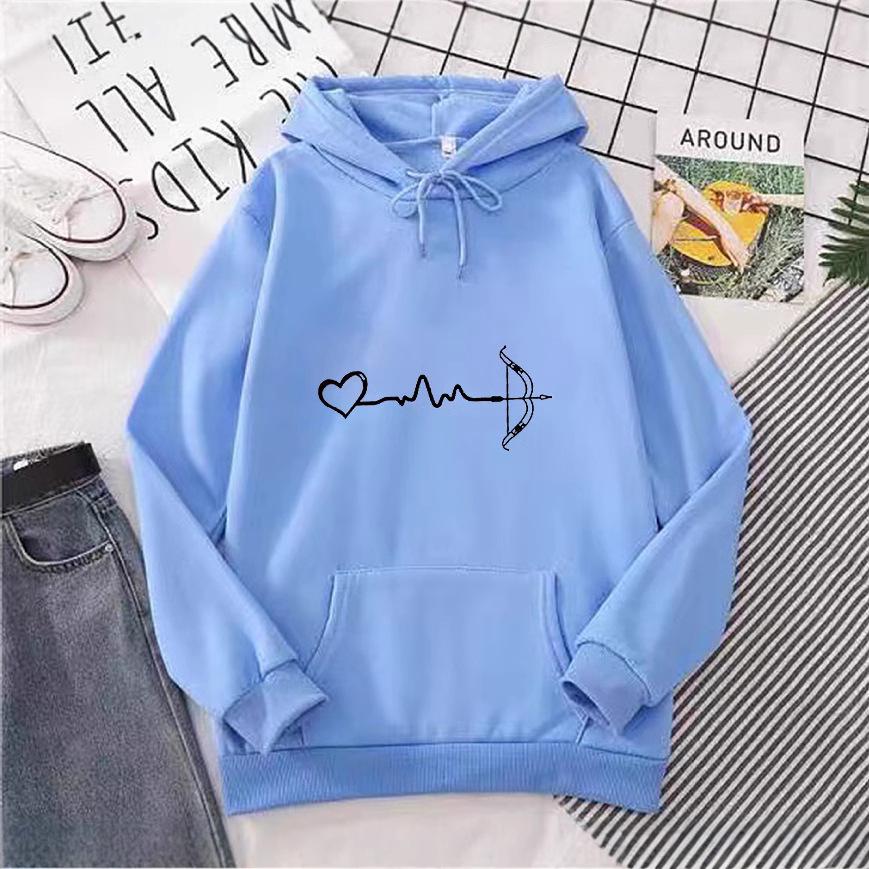 Korean Style Velvet EKG Print Casual Hoodie, Unisex Long Sleeve Pullover for Autumn/Winter
