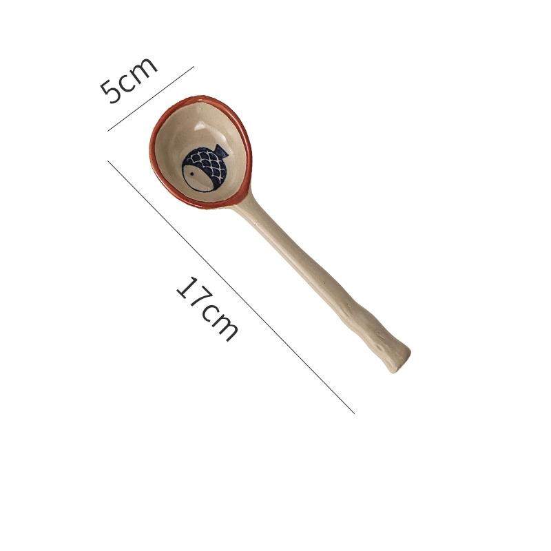 Japanese Stoneware Hand-Painted Spoon Long Handle Soup & Dessert Spoon Artistic Tableware for Home & Restaurant