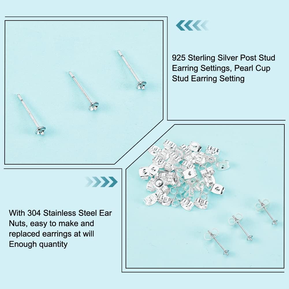 DICOSMETIC 40Pcs Stud Earrings 925 Sterling Silver Earrings Posts 0.7mm Small Silver Pearl Cup Stud Earring Setting and 40pcs Stainless Steel Ear
