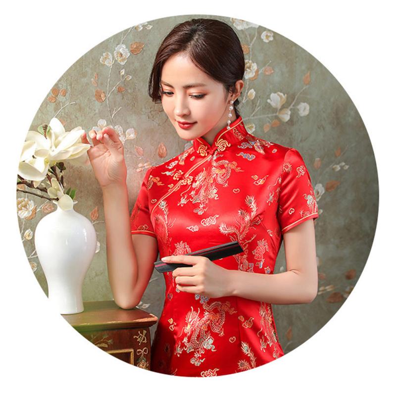 Women Short-sleeved Cheongsam  Dress Elegant High Split Hem Stand-up Collar Retro Chinese Style