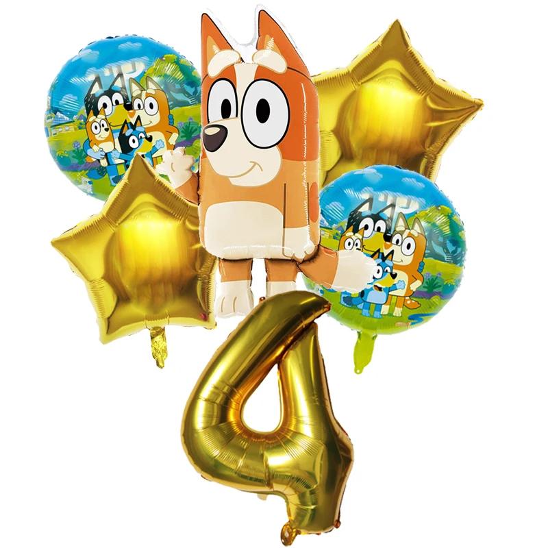 6 Stück Familie Bluey Aluminiumballon Cartoon Bingo Aktivität Spielzeug Blau Gold Stern Ballon Dekoration Sammlung Geburtsdatum Feier Babyparty Zubehör