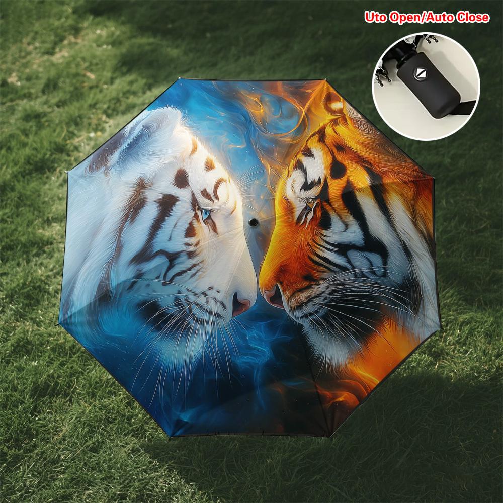 

1pc Yin Yang Tigers Print Travel Umbrella | Folding Compact Automatic Open/Close, Fashion Parasol for Women & Men, Business, L (as the picture,Iron&8K)