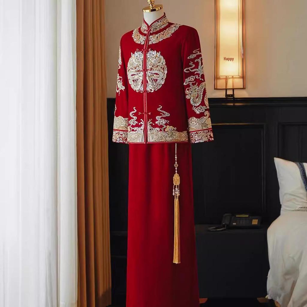Herren 2024 Xiuhe Samt Hochzeitsanzug: Chinesisches Bräutigam Drachen & Phönix Gewand, Übergröße verfügbar