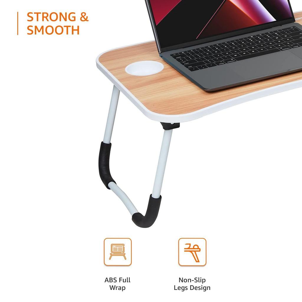 Klappbarer Laptop-Tisch aus Holzwerkstoff mit Getränkehalter, Tabletfach und Mini-Schublade (60L x 40B x 26H cm, Braun)