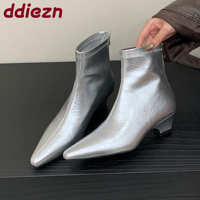 Fashion Silver Female Low Heel Women Ankle Stretch Boots Zippers Fashion Pointed Toe Ladies Modern Short Boots Pumps Shoes Lady
