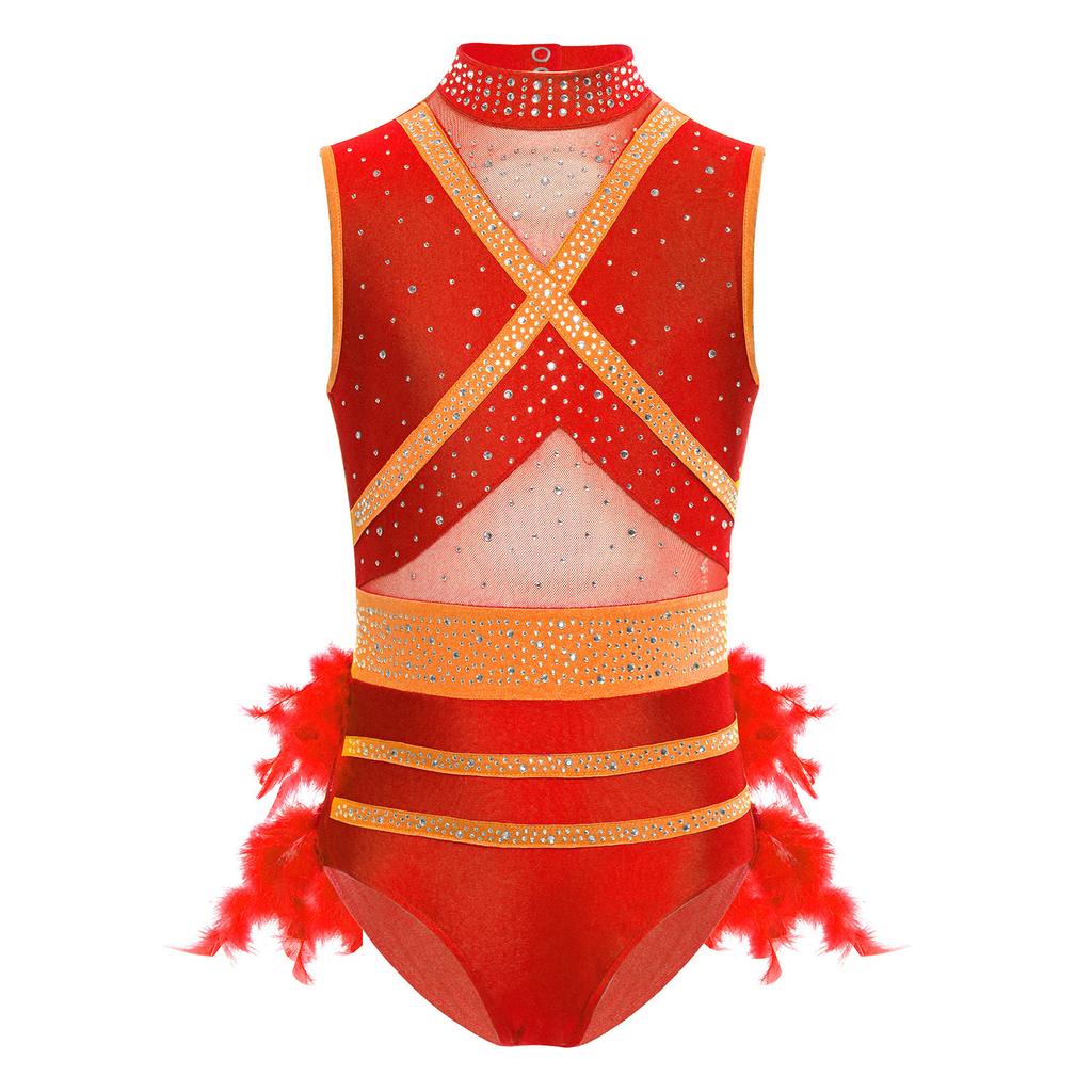 Collant de Dança Feminino Sem Mangas Patchwork de Renda Recorte de Pena nas Costas Brilhantes Strass Color Block