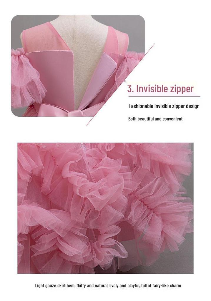 Girls' One-Shoulder Princess Dress with Mesh Puff Skirt – Formal Flower Girl Birthday Dance Costume