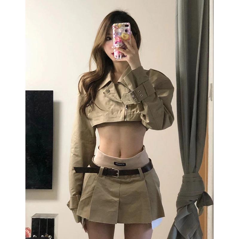 Conjunto de dos piezas para mujer Primavera/Otoño 2024: Chaqueta Color Block y Falda Midi