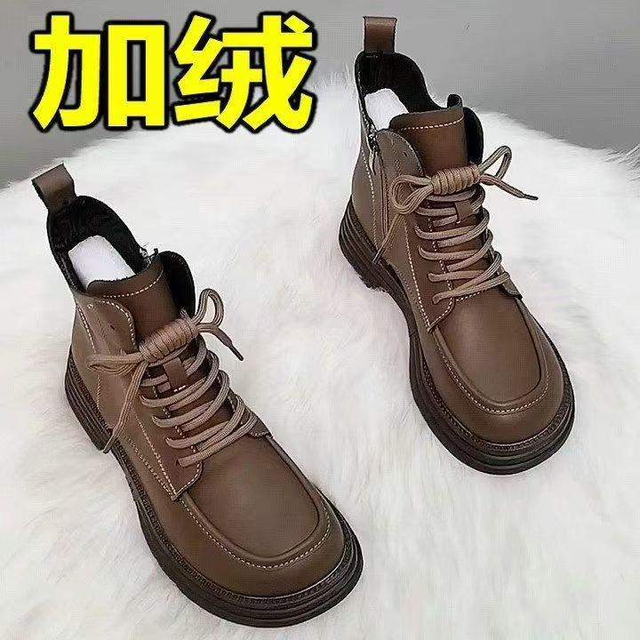 New Thick-soled Soft Leather Velvet Martin Boots Women's Cotton Boots 2025 Autumn and Winter Warm Short Boots Versatile Flat-soled Thickened Cotton S