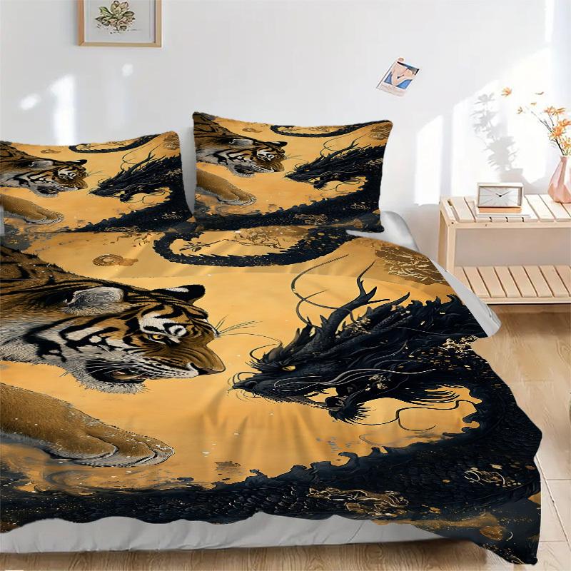 

3PCs Tiger Dragon Artwork Design Cover Set, Breathable Fabric, Machine Washable (1 Duvet Cover + 2 Pillowcases) (Without Quilt) yy250911146 135x200cm