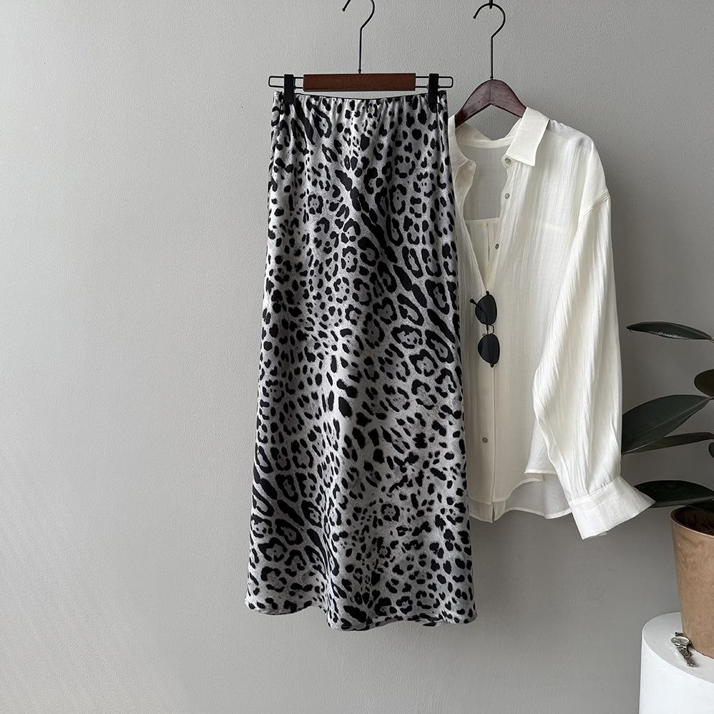 Johnature Summer Light Leopard Print Slit Skirts Women Summer Casual Loose Skirts
