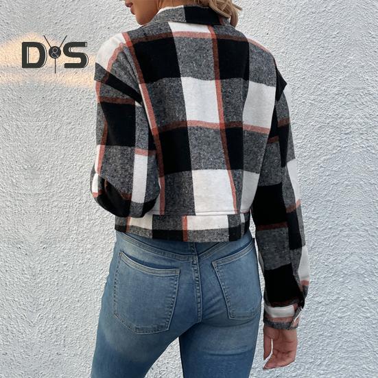 Fall Winter Women Jacket Color Matching Plaid Print Long Sleeve Lapel Single breasted Pockets Thick Cardigan Vintage Lady Coat