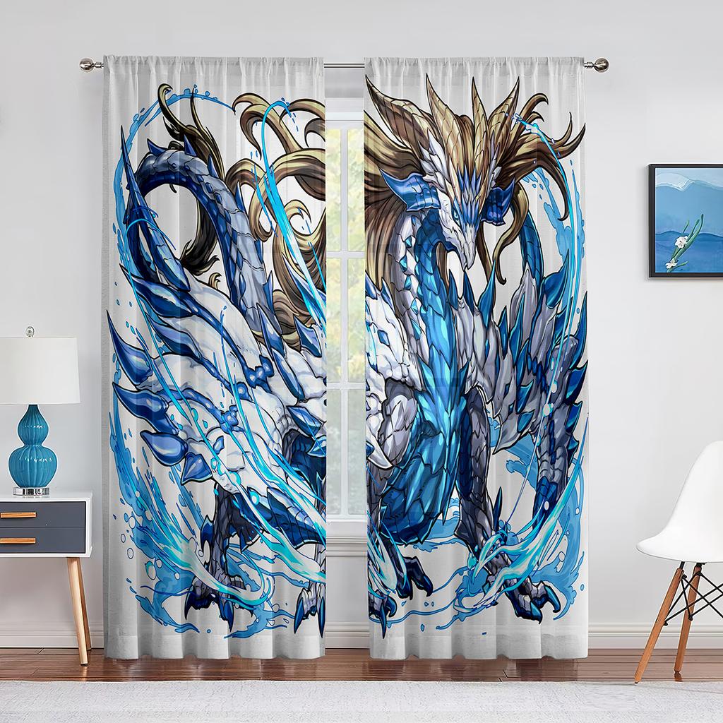 Two Golden Dragon On Red Background Sheer Voile Curtain for Living Room Bedroom Kitchen Transparent Tulle Curtain Window Drape