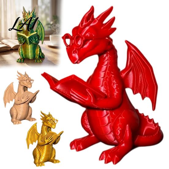 Whimsical Desk Accessory Reading Dragon Figurine with Glasses Statue 3D Printed Lover Gift Bookshelf Decor Desktop Ornament for Book Lovers