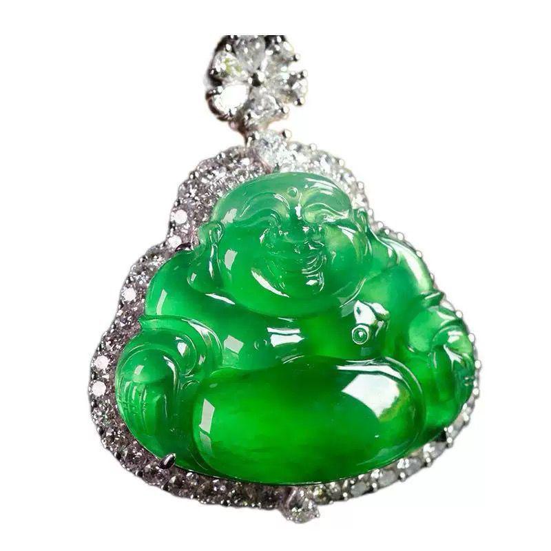 Ice Green Jade Buddha Pendant with Floating Flowers - Smiling Buddha Inlay