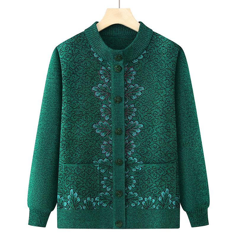 Round Neck Knitted Cardigan for Middle-Aged and Elderly Women - Grandma Style Sweater for Spring and Autumn