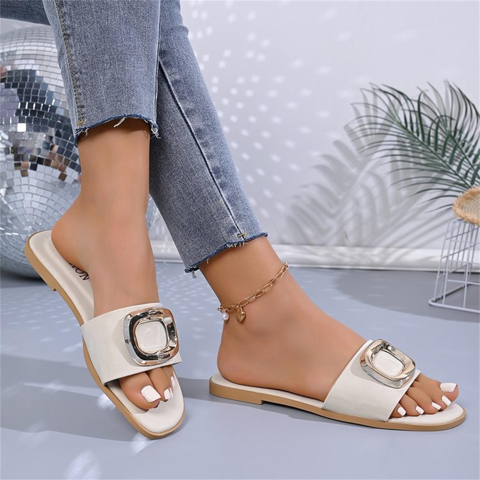 Women s Fashionable Casual Plus-Size - Sandals with Metal Buckles 36 бежевый