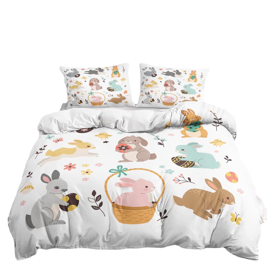 Bed Three-Piece Illustration Cartoon Bunny Quilt Cover 3D Digital Printing Kit