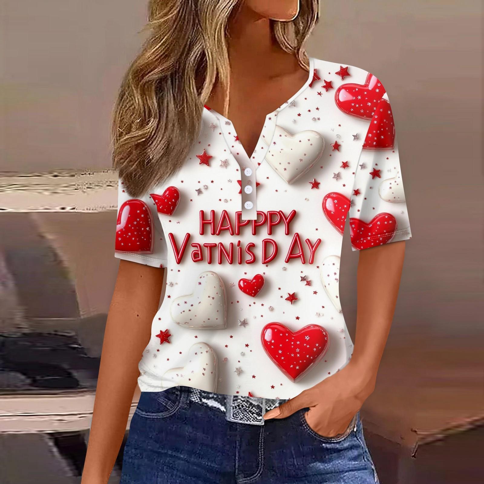 

Женская футболка с принтом ко Дню святого Валентина на пуговицах с коротким рукавом, туника, повседневная мода на выходные, базовый топ с V-образным вырезом M белый