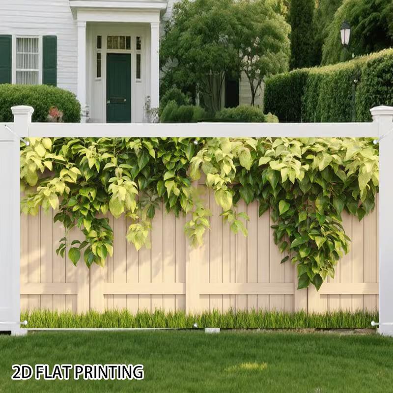 2D Pale Cream Wood Fence Top Variegated Green Ivy Front Lawn Suburban Home Backdrop