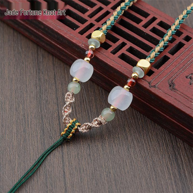 Four-Strand Braided Necklace Lanyard with Jadeite, White Agate, and Dongling Jade Pendant