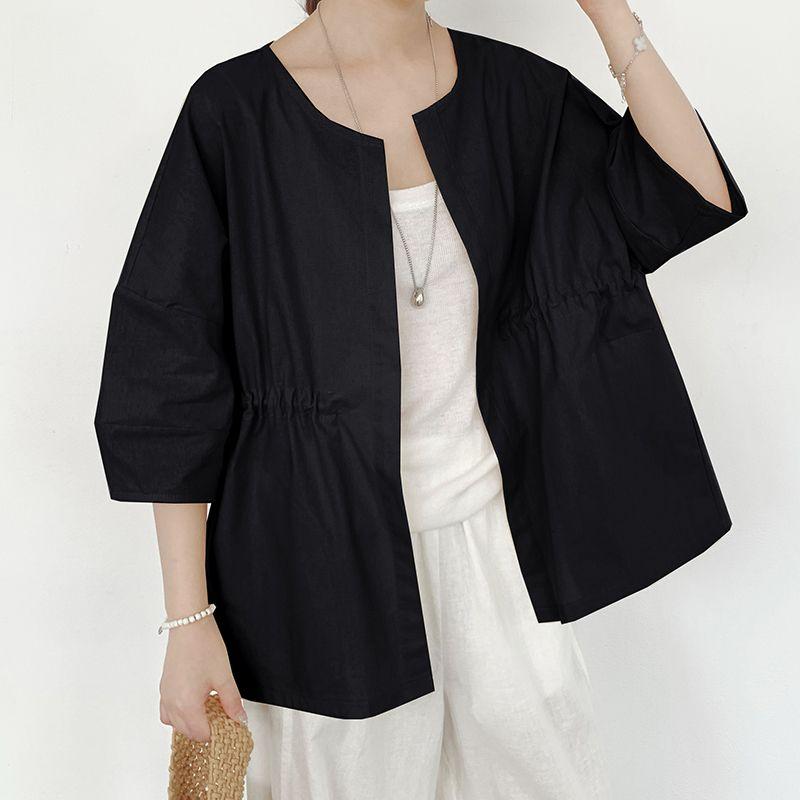 

South korea Dongdaemun round Neck Khaki Commuter Drawstring Lace-up Waist Hugging Pocket 3/4 Sleeve Thin Cardigan Outerwear Shirts Black One size