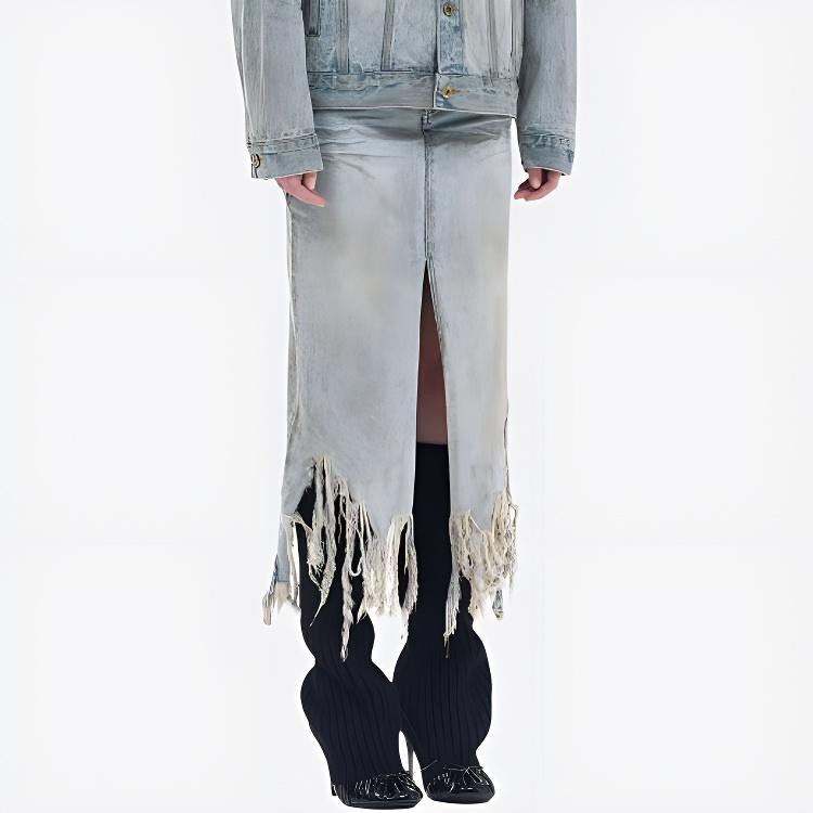 WE11DONE Vintage Distressed Zipper Pocket Denim Maxi Skirt Women skirts Blue WD-DS3-24-335-W-SK