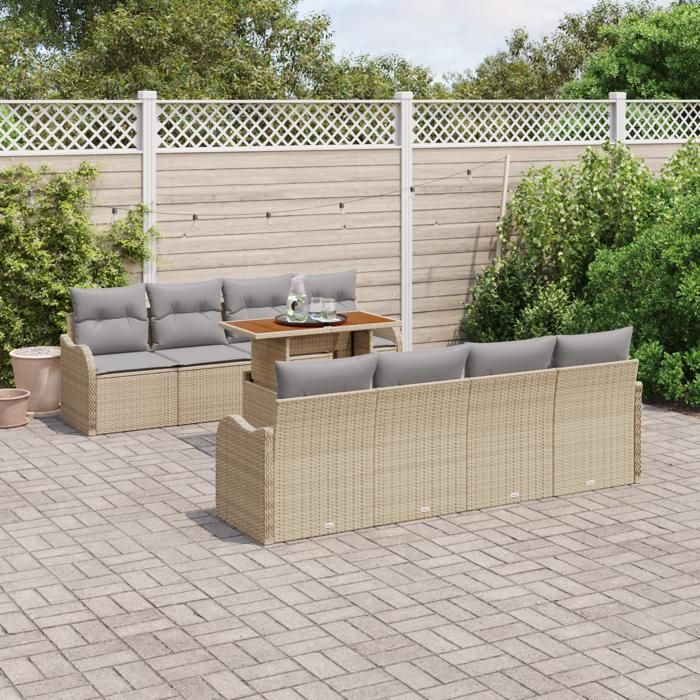 Ensemble de Canapé de Jardin 9 Pièces avec Coussins Beige Rotin PE Acacia, Canapé de Jardin 2 Places avec Coussins Beige 3349433