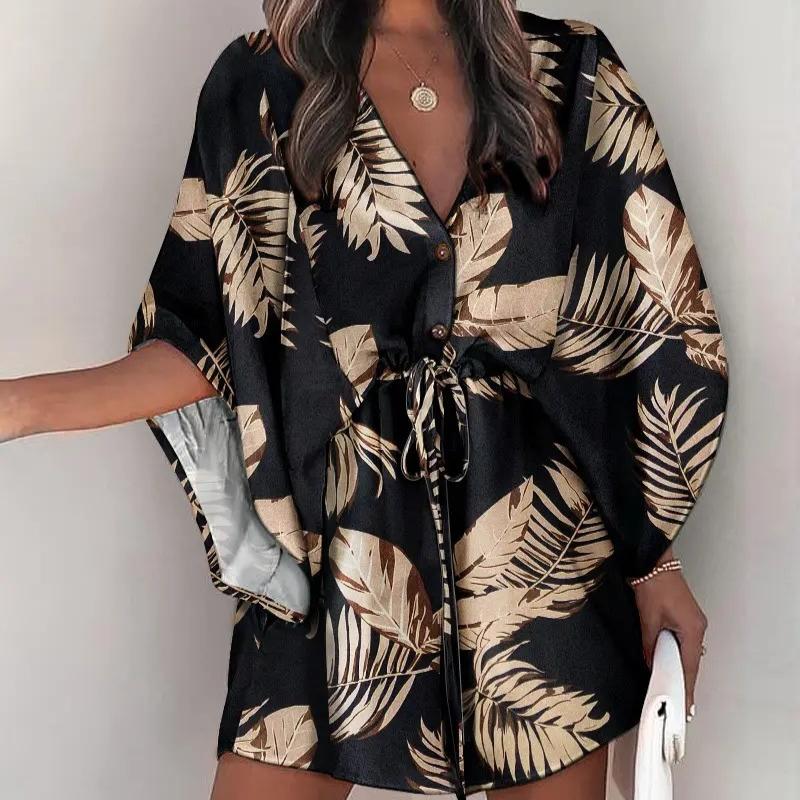 Damen Sommer V-Ausschnitt Bindeband Lässige Urlaubs Kleider