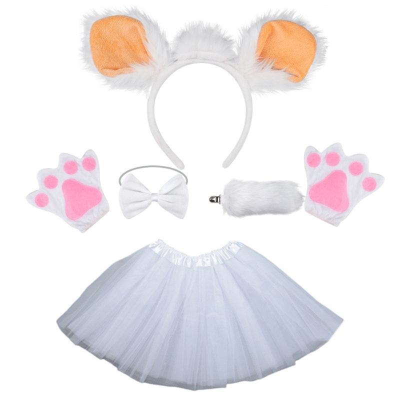 Sheep Costume Set Sheep Ears Headband Plush Tail Bowtie Sheep Hair Hoop Set Mesh Skirt for Halloween Costume Cosplay
