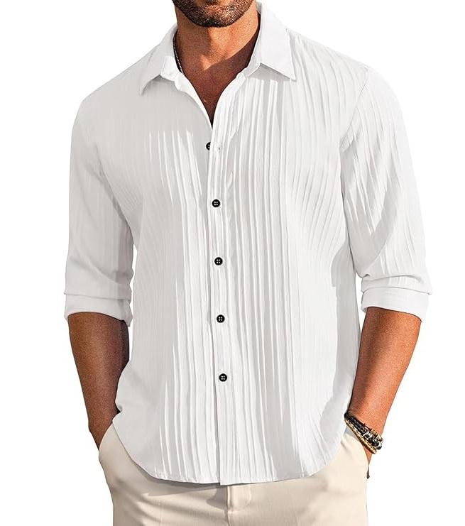 Men's Casual Button Down Shirts Long Sleeve Linen Shirt Fashion Textured Beach Summer Shirt