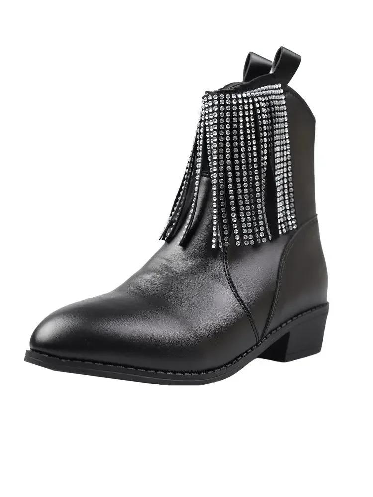 

Женские ковбойские сапоги на среднем каблуке с бахромой из кристаллов, массивные роскошные ботинки челси, зимние новые трендовые ботильоны, туфли-лодочки, панк-женские ботинки 36 чёрный