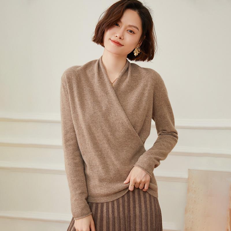 Elegant Slim-Fit Cross V-Neck Cashmere Knit Sweater - Women's Autumn Solid Color Pullover
