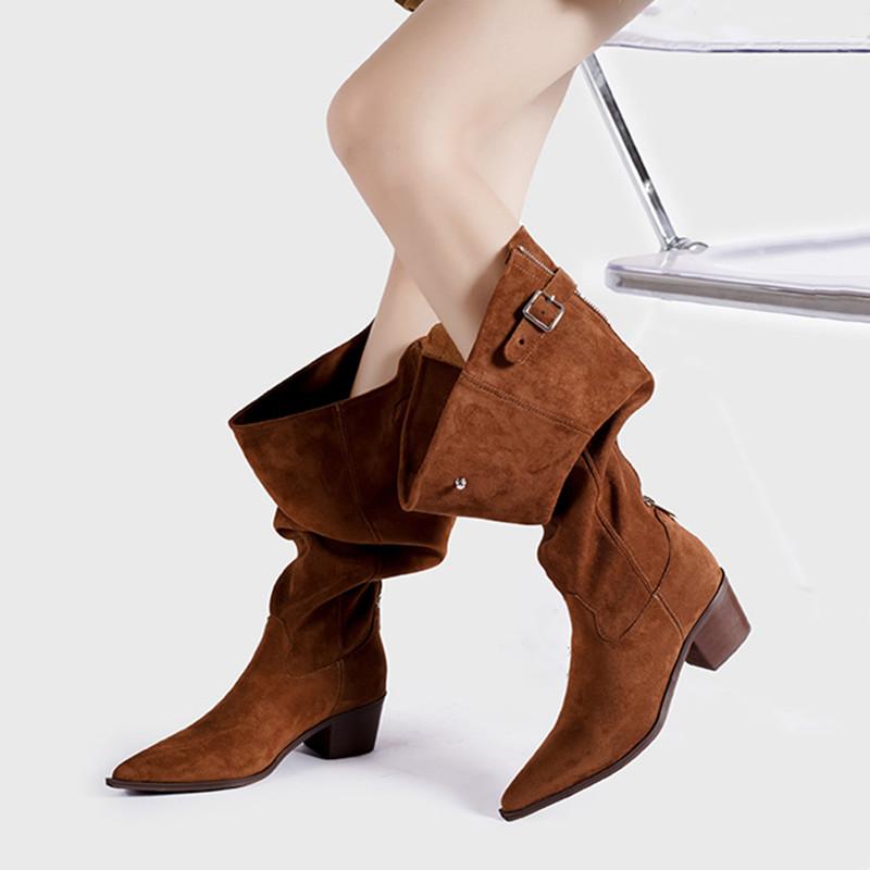 Fashion Star style Zip Fold Faux Leather Western Women Knee-high Boots Fashion Autumn Winter High heels Cowboy Long Boots Shoes Botas