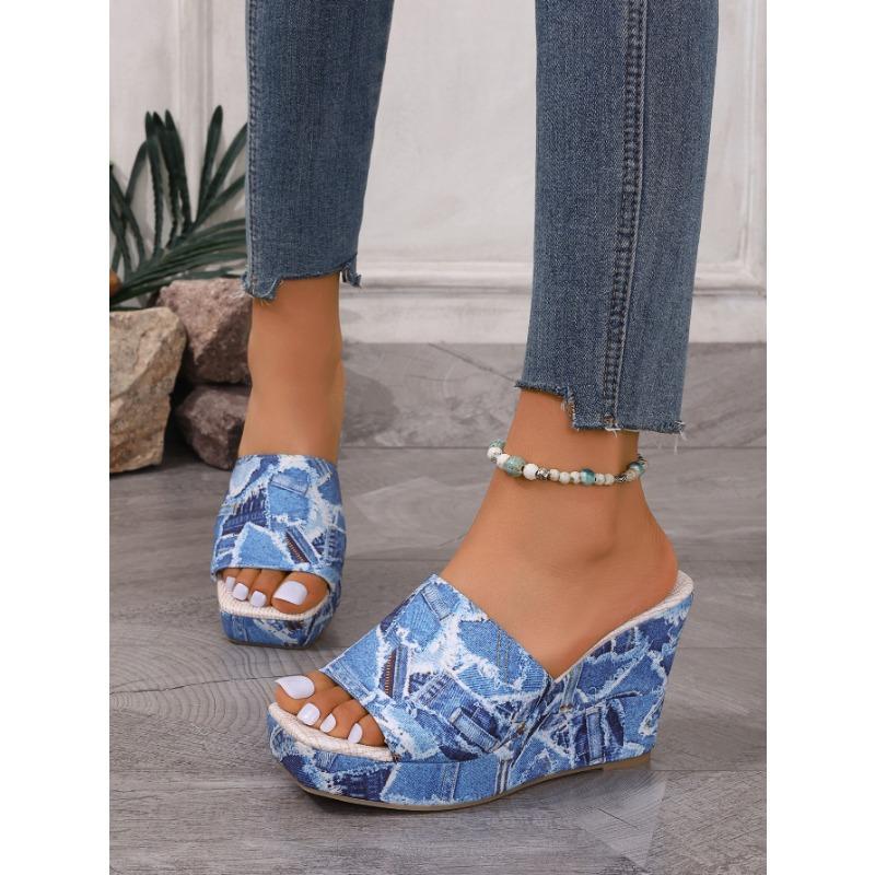 Women's Slippers Summer Large Size Ethnic Style Fabric Thick Sole Women's Ultra-high Heeled Slope Sandals