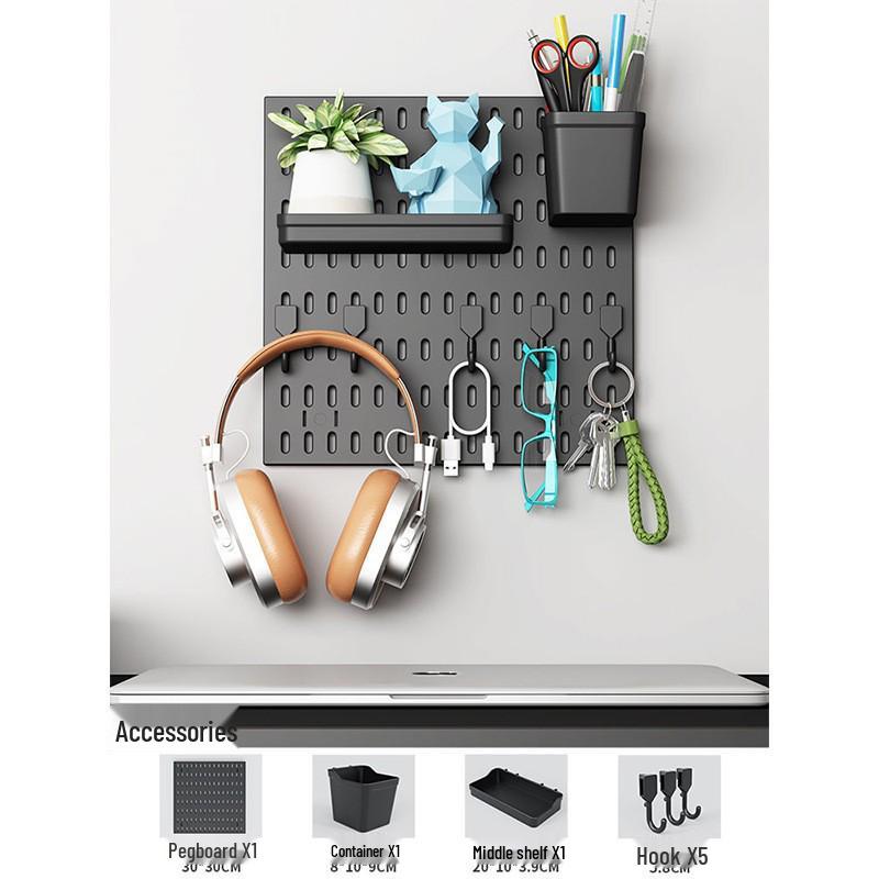 No-Drill Wall-Mounted Pegboard: Customizable Storage Hooks & Baskets Display for Home or Study Room.