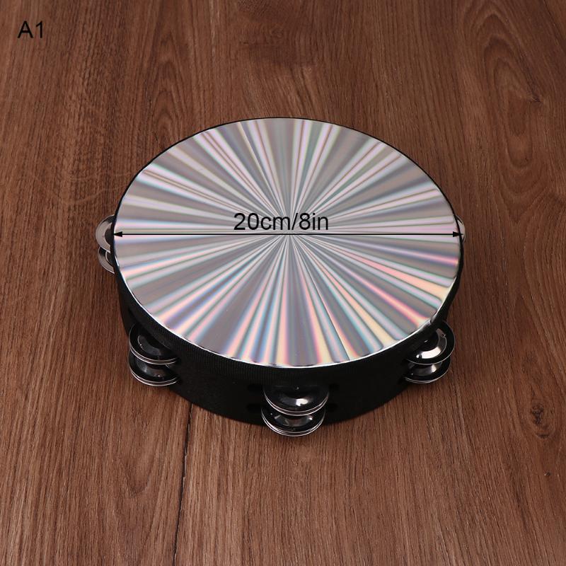 8/10 In Wooden Tambourine Handbell Hand Drum W/ Double Row Jingles Laser/Rainbow Drum Head Musical Percussion Instrument