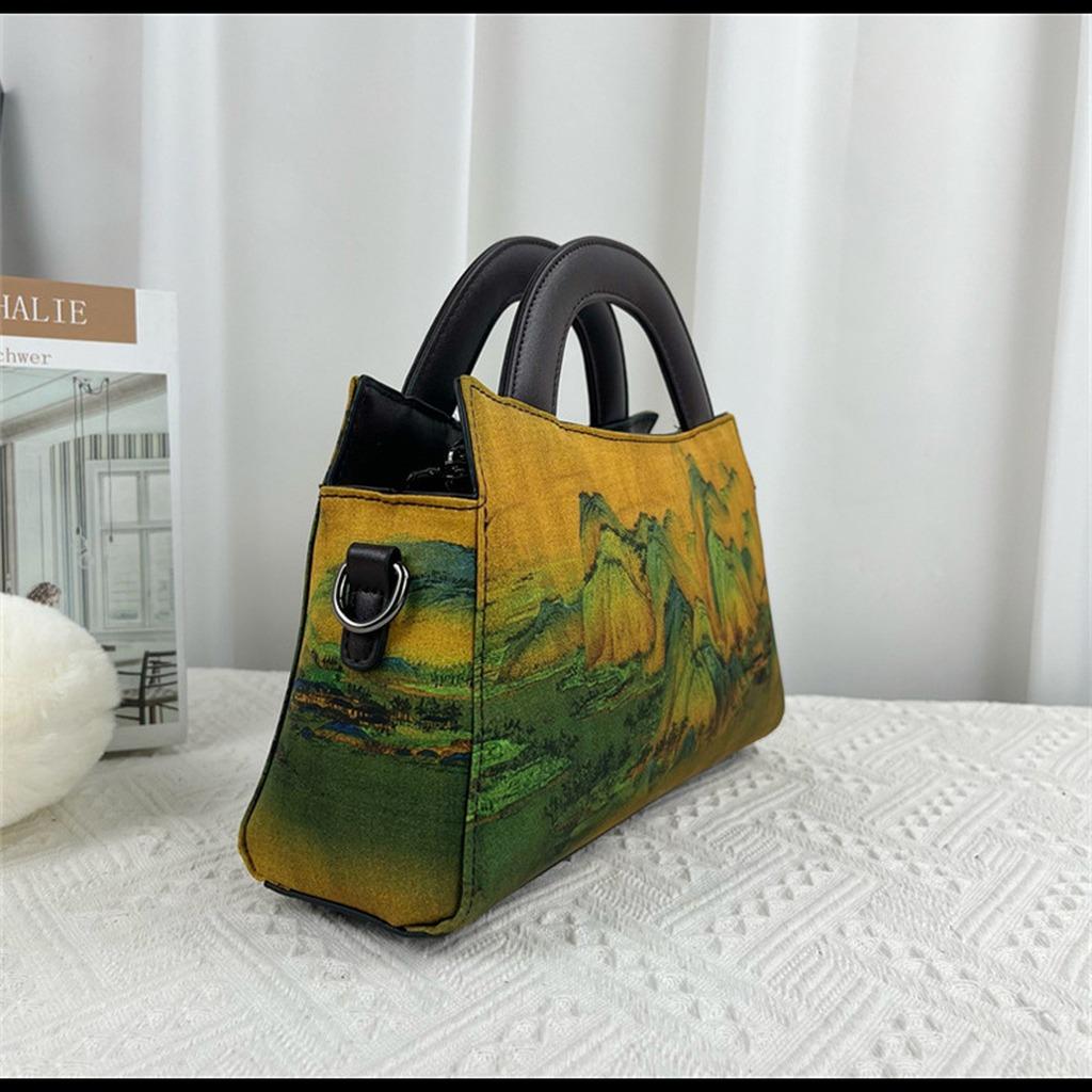 Chinese Style Ink Painting Handbag Women Vintage Crossbody Bag Oriental Aesthetic Tote Shoulder Bag With Detachable Strap