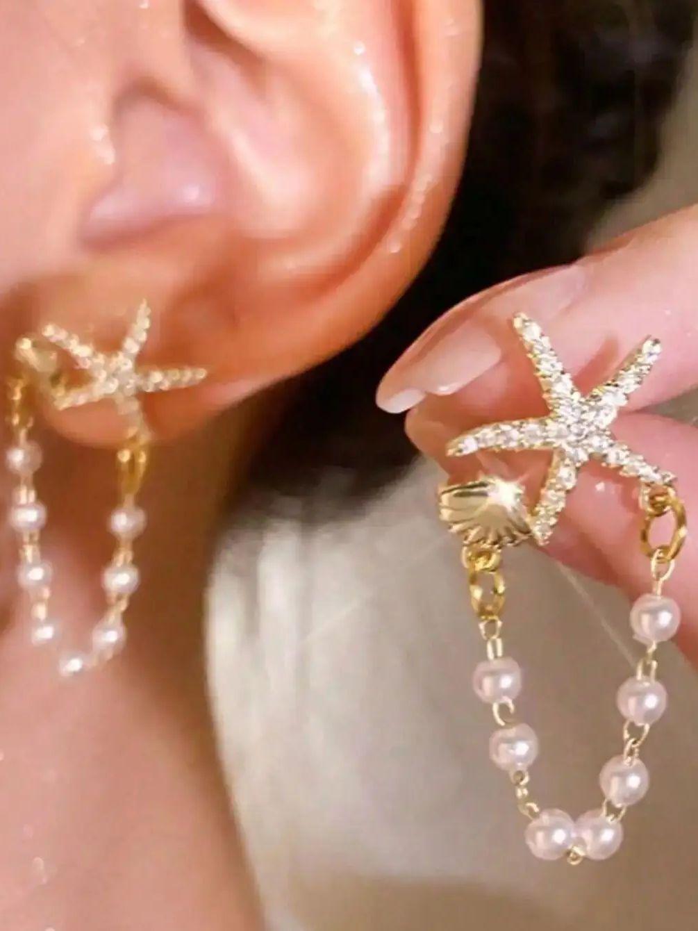 

2 pieces of starfish shell imitation pearl pendant earrings, suitable for women to wear, equipped with shiny Rhinestone summer b