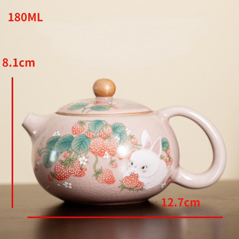 Ru Kiln Lifting Beam Pot Strawberry Rabbit Teapot Set Xishi Pot Household Ceramic Kung Fu Tea Set Open Piece Can Be Kept