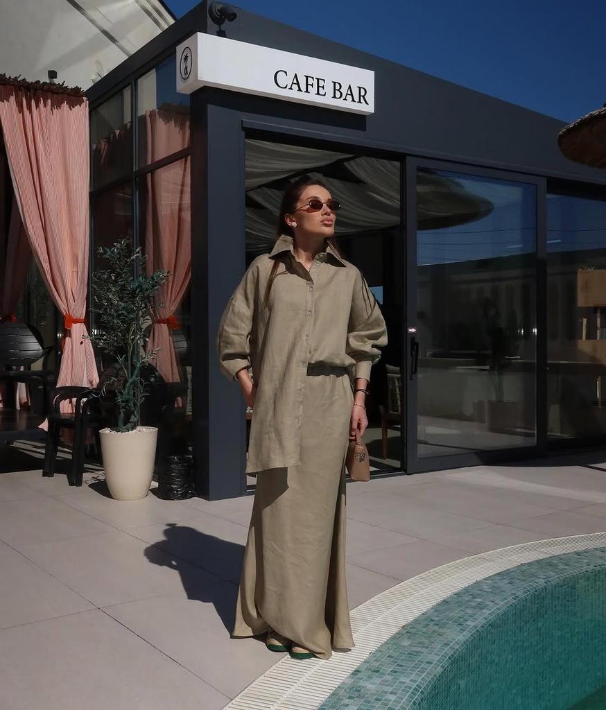 Women's Spring/Summer 2025 Fashion: Turn-Down Collar Loose Shirt & High Waist Midi Skirt Set